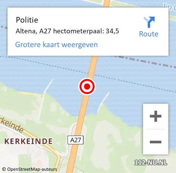 Locatie op kaart van de 112 melding: Politie Altena, A27 hectometerpaal: 34,5 op 14 juni 2023 17:01