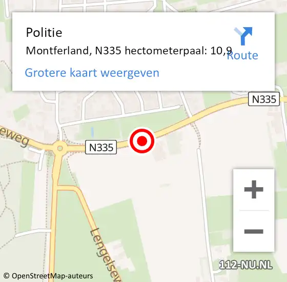 Locatie op kaart van de 112 melding: Politie Montferland, N335 hectometerpaal: 10,9 op 14 juni 2023 17:20