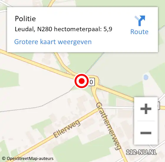 Locatie op kaart van de 112 melding: Politie Leudal, N280 hectometerpaal: 5,9 op 14 juni 2023 17:44