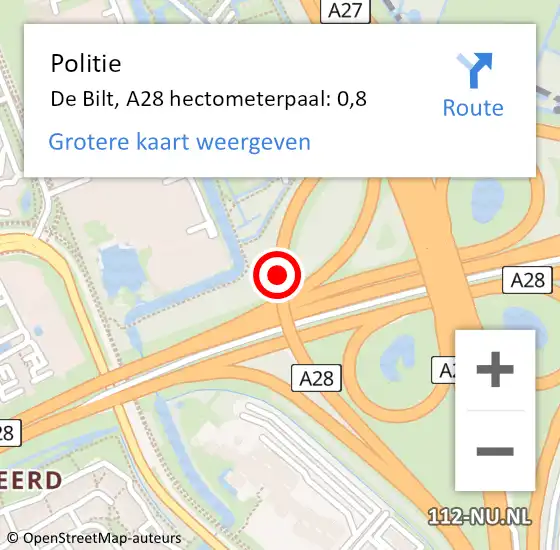 Locatie op kaart van de 112 melding: Politie De Bilt, A28 hectometerpaal: 0,8 op 14 juni 2023 18:13