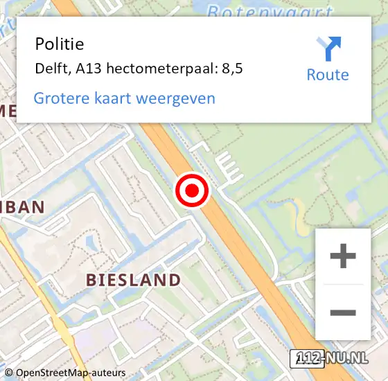 Locatie op kaart van de 112 melding: Politie Delft, A13 hectometerpaal: 8,5 op 14 juni 2023 18:16