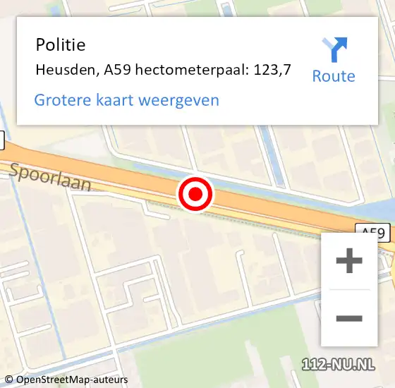 Locatie op kaart van de 112 melding: Politie Heusden, A59 hectometerpaal: 123,7 op 14 juni 2023 18:19