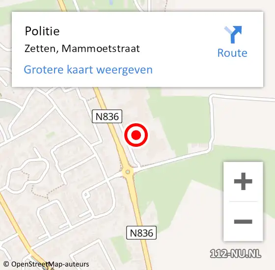 Locatie op kaart van de 112 melding: Politie Zetten, Mammoetstraat op 14 juni 2023 18:30