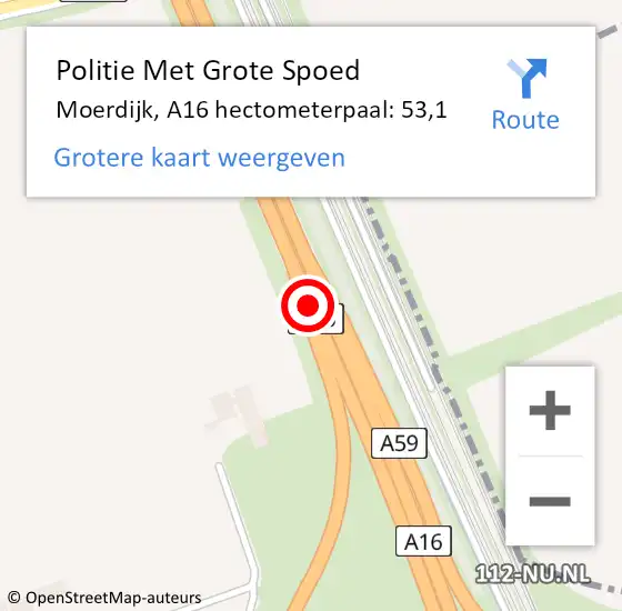 Locatie op kaart van de 112 melding: Politie Met Grote Spoed Naar Moerdijk, A16 hectometerpaal: 53,1 op 14 juni 2023 19:07