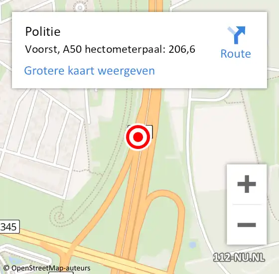 Locatie op kaart van de 112 melding: Politie Voorst, A50 hectometerpaal: 206,6 op 14 juni 2023 19:21