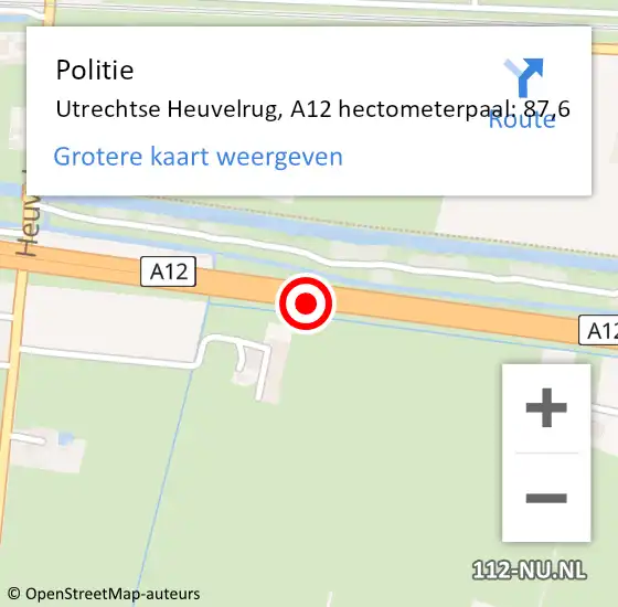 Locatie op kaart van de 112 melding: Politie Utrechtse Heuvelrug, A12 hectometerpaal: 87,6 op 14 juni 2023 19:38