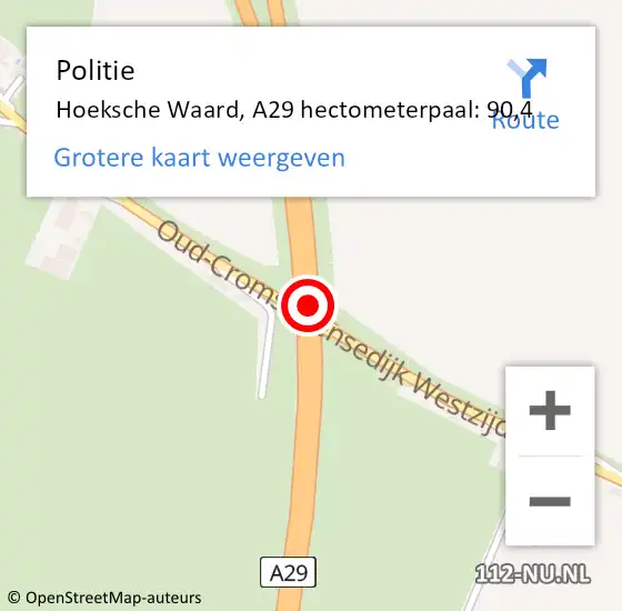 Locatie op kaart van de 112 melding: Politie Hoeksche Waard, A29 hectometerpaal: 90,4 op 14 juni 2023 20:47