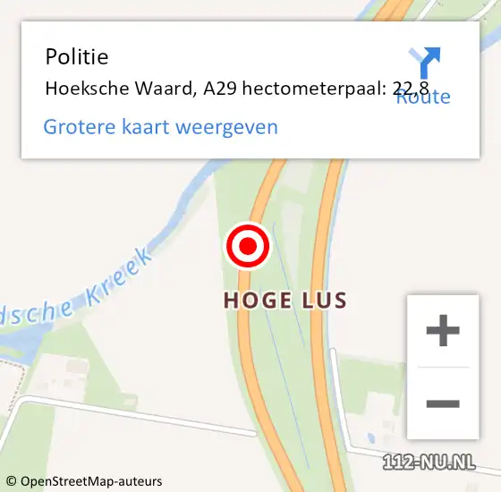 Locatie op kaart van de 112 melding: Politie Hoeksche Waard, A29 hectometerpaal: 22,8 op 14 juni 2023 20:54