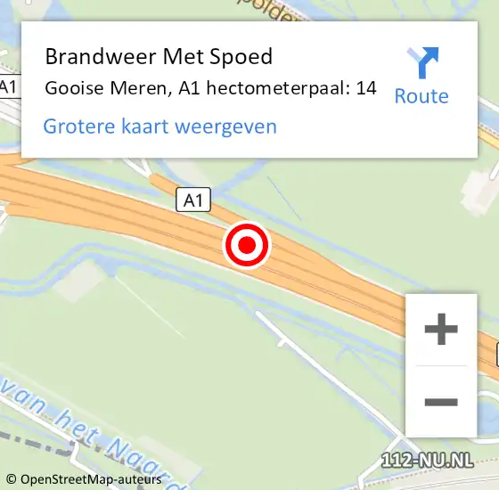 Locatie op kaart van de 112 melding: Brandweer Met Spoed Naar Gooise Meren, A1 hectometerpaal: 14 op 14 juni 2023 22:19