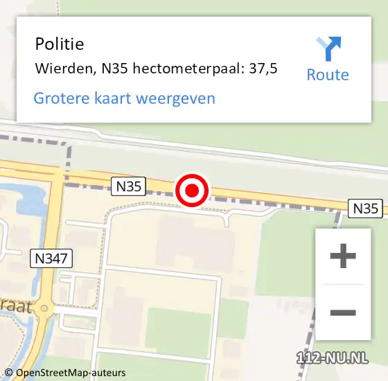 Locatie op kaart van de 112 melding: Politie Wierden, N35 hectometerpaal: 37,5 op 15 juni 2023 05:10