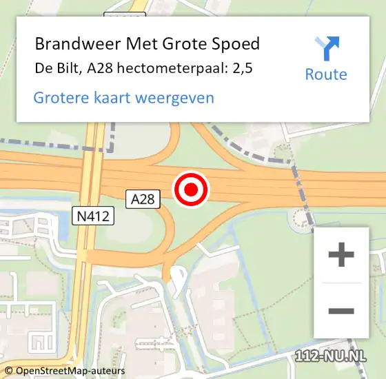 Locatie op kaart van de 112 melding: Brandweer Met Grote Spoed Naar De Bilt, A28 hectometerpaal: 2,5 op 15 juni 2023 05:17