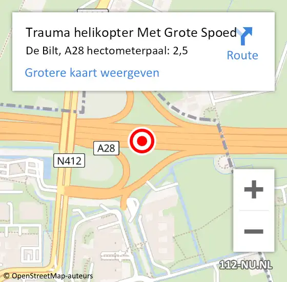 Locatie op kaart van de 112 melding: Trauma helikopter Met Grote Spoed Naar De Bilt, A28 hectometerpaal: 2,5 op 15 juni 2023 05:22