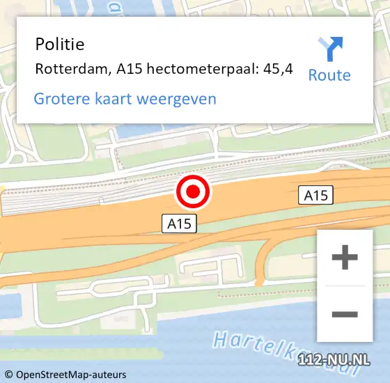 Locatie op kaart van de 112 melding: Politie Rotterdam, A15 hectometerpaal: 45,4 op 15 juni 2023 07:10