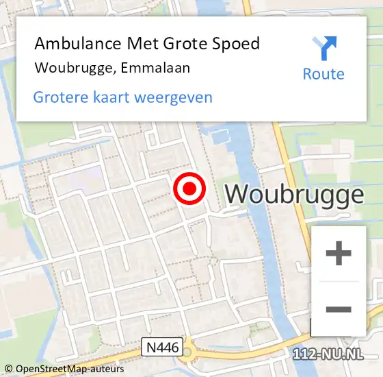 Locatie op kaart van de 112 melding: Ambulance Met Grote Spoed Naar Woubrugge, Emmalaan op 15 juni 2023 07:23