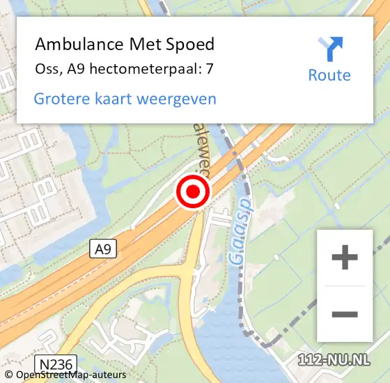 Locatie op kaart van de 112 melding: Ambulance Met Spoed Naar Oss, A9 hectometerpaal: 7 op 15 juni 2023 07:48