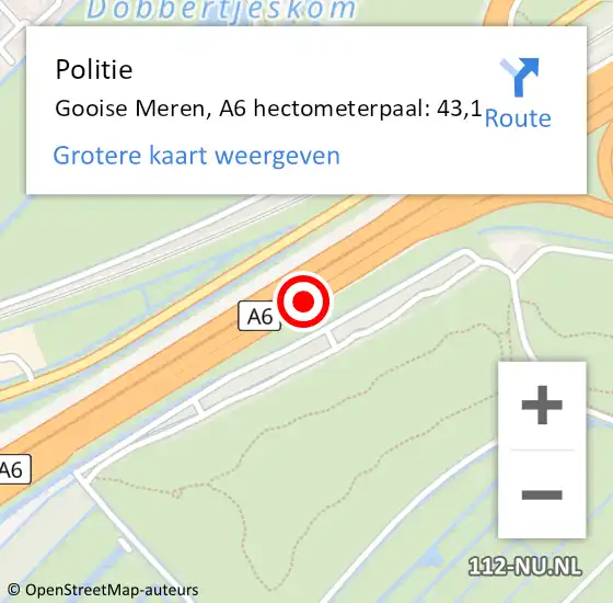 Locatie op kaart van de 112 melding: Politie Gooise Meren, A6 hectometerpaal: 43,1 op 15 juni 2023 10:06