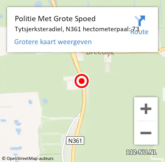 Locatie op kaart van de 112 melding: Politie Met Grote Spoed Naar Tytsjerksteradiel, N361 hectometerpaal: 73 op 15 juni 2023 10:21