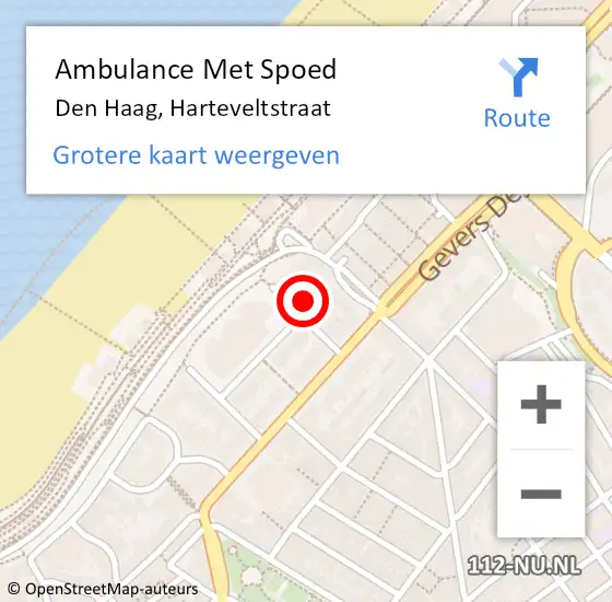 Locatie op kaart van de 112 melding: Ambulance Met Spoed Naar Den Haag, Harteveltstraat op 15 juni 2023 12:48