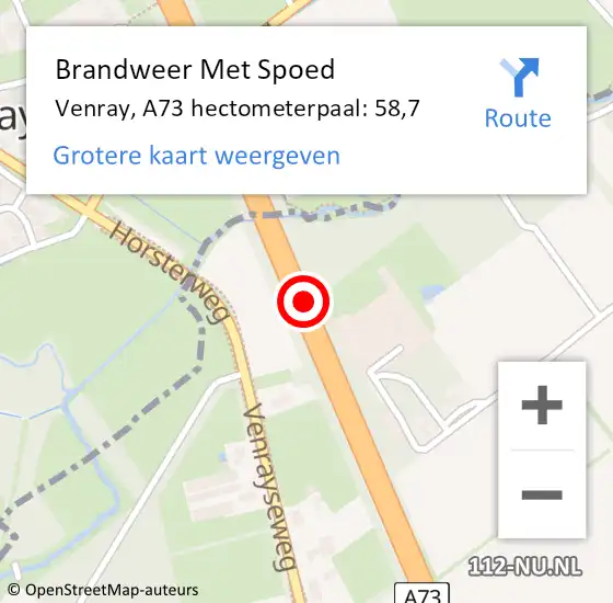 Locatie op kaart van de 112 melding: Brandweer Met Spoed Naar Venray, A73 hectometerpaal: 58,7 op 15 juni 2023 13:57