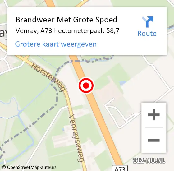 Locatie op kaart van de 112 melding: Brandweer Met Grote Spoed Naar Venray, A73 hectometerpaal: 58,7 op 15 juni 2023 13:57