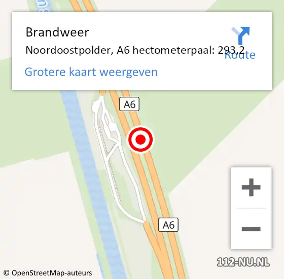 Locatie op kaart van de 112 melding: Brandweer Noordoostpolder, A6 hectometerpaal: 293,2 op 15 juni 2023 14:20