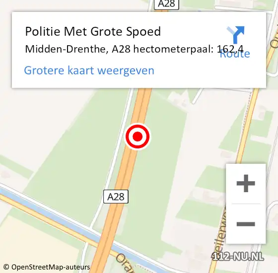 Locatie op kaart van de 112 melding: Politie Met Grote Spoed Naar Midden-Drenthe, A28 hectometerpaal: 162,4 op 15 juni 2023 14:29