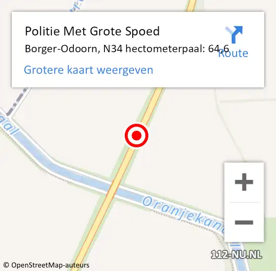 Locatie op kaart van de 112 melding: Politie Met Grote Spoed Naar Borger-Odoorn, N34 hectometerpaal: 64,6 op 15 juni 2023 15:34