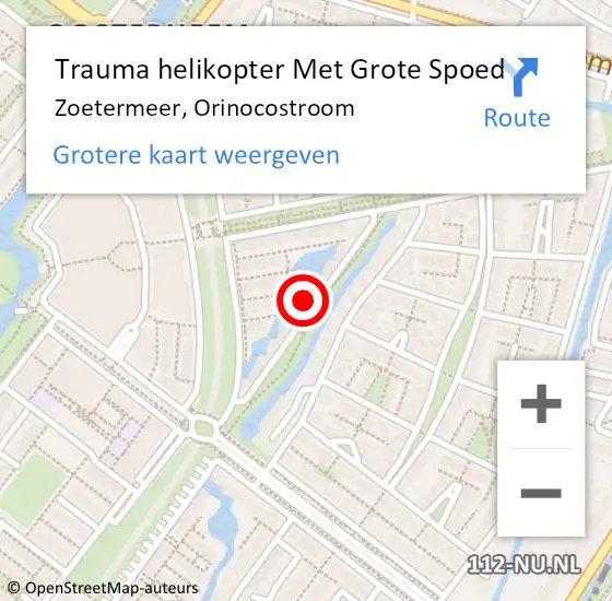 Locatie op kaart van de 112 melding: Trauma helikopter Met Grote Spoed Naar Zoetermeer, Orinocostroom op 15 juni 2023 15:47