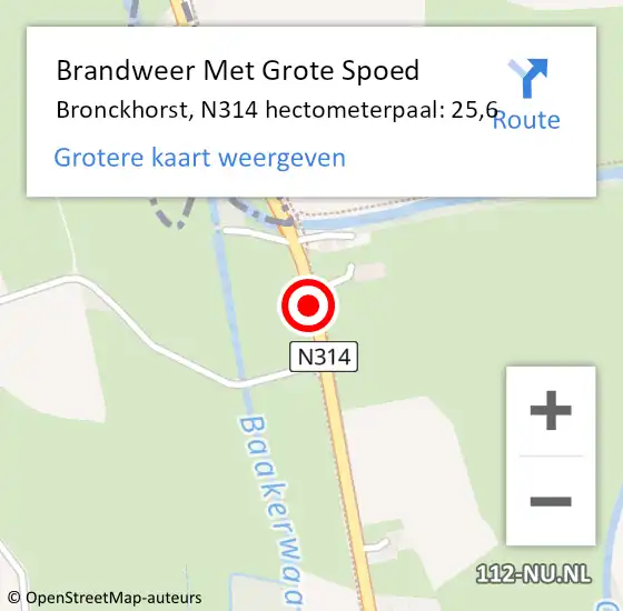 Locatie op kaart van de 112 melding: Brandweer Met Grote Spoed Naar Bronckhorst, N314 hectometerpaal: 25,6 op 15 juni 2023 16:20