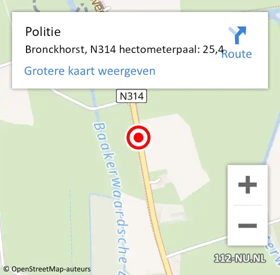 Locatie op kaart van de 112 melding: Politie Bronckhorst, N314 hectometerpaal: 25,4 op 15 juni 2023 16:21