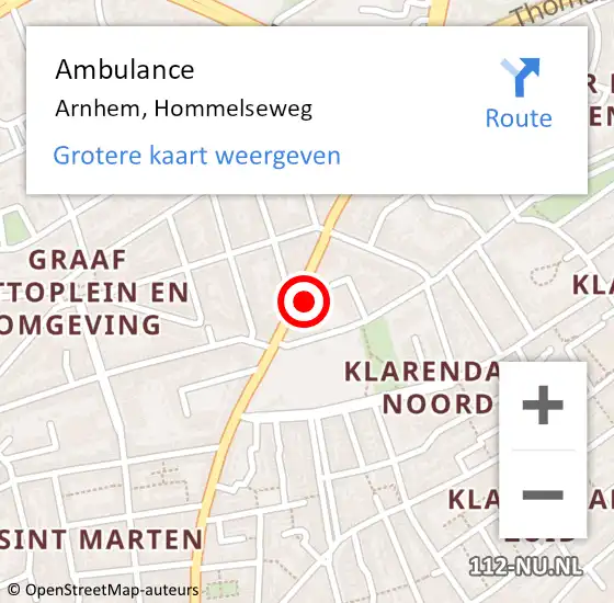 Locatie op kaart van de 112 melding: Ambulance Arnhem, Hommelseweg op 15 juni 2023 16:31