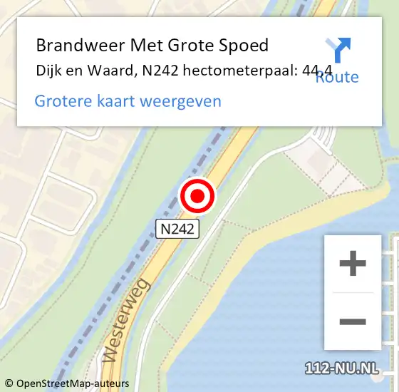 Locatie op kaart van de 112 melding: Brandweer Met Grote Spoed Naar Dijk en Waard, N242 hectometerpaal: 44,4 op 15 juni 2023 17:52