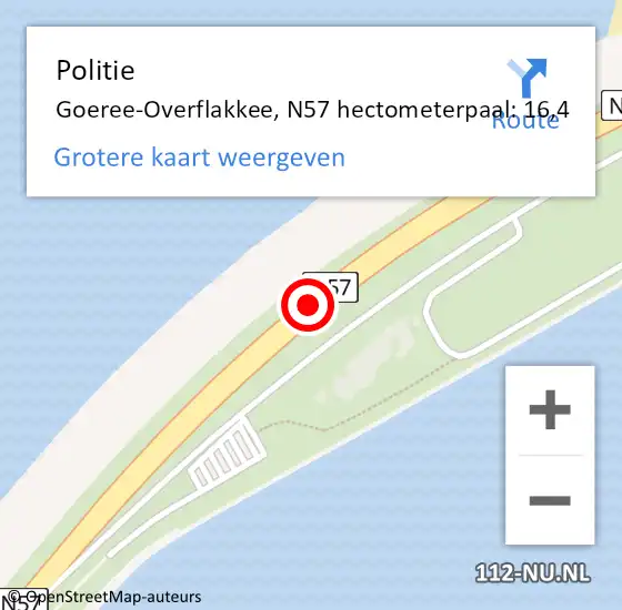 Locatie op kaart van de 112 melding: Politie Goeree-Overflakkee, N57 hectometerpaal: 16,4 op 15 juni 2023 18:05