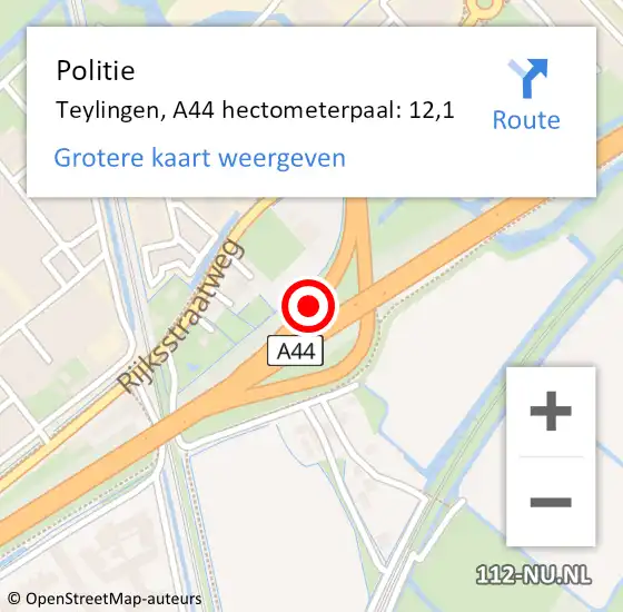 Locatie op kaart van de 112 melding: Politie Teylingen, A44 hectometerpaal: 12,1 op 15 juni 2023 18:23