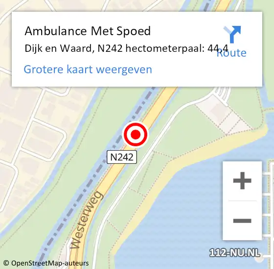 Locatie op kaart van de 112 melding: Ambulance Met Spoed Naar Dijk en Waard, N242 hectometerpaal: 44,4 op 15 juni 2023 18:48