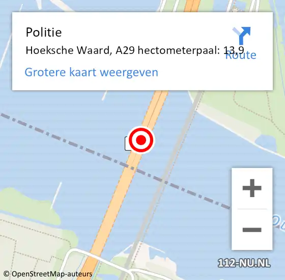 Locatie op kaart van de 112 melding: Politie Hoeksche Waard, A29 hectometerpaal: 13,9 op 15 juni 2023 19:43