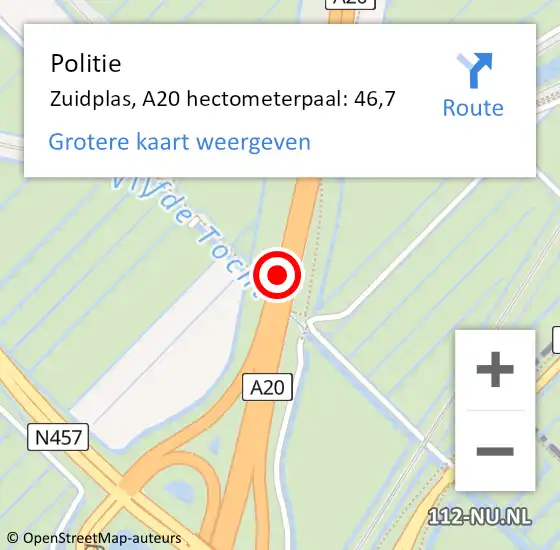 Locatie op kaart van de 112 melding: Politie Zuidplas, A20 hectometerpaal: 46,7 op 15 juni 2023 20:59