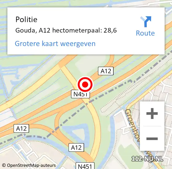 Locatie op kaart van de 112 melding: Politie Gouda, A12 hectometerpaal: 28,6 op 16 juni 2023 02:48