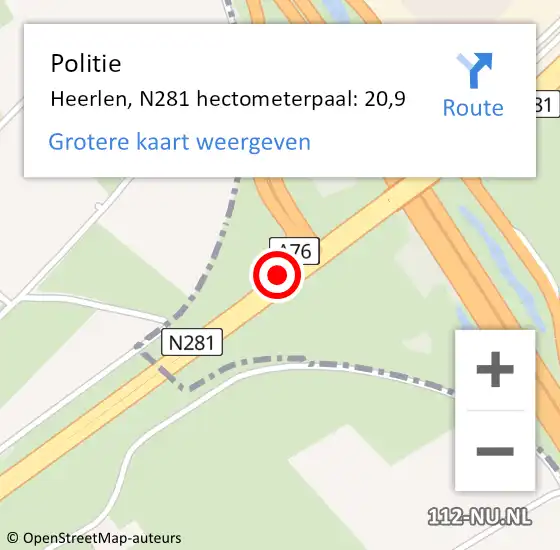 Locatie op kaart van de 112 melding: Politie Simpelveld, N281 hectometerpaal: 20,9 op 16 juni 2023 08:57