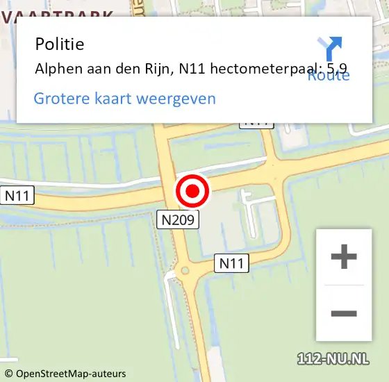 Locatie op kaart van de 112 melding: Politie Alphen aan den Rijn, N11 hectometerpaal: 5,9 op 16 juni 2023 12:40