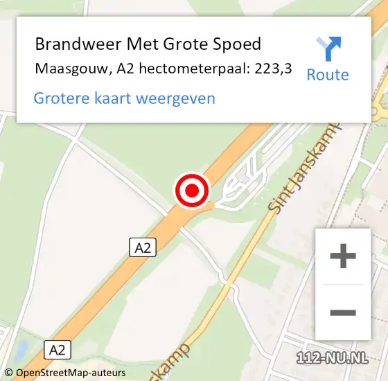 Locatie op kaart van de 112 melding: Brandweer Met Grote Spoed Naar Maasgouw, A2 hectometerpaal: 223,3 op 16 juni 2023 12:46