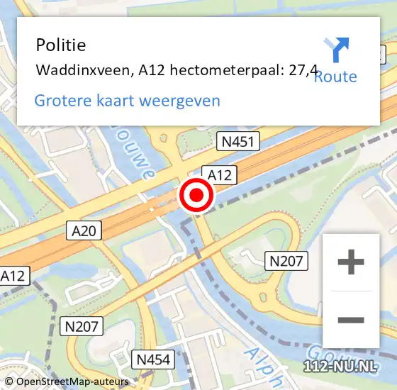 Locatie op kaart van de 112 melding: Politie Waddinxveen, A12 hectometerpaal: 27,4 op 16 juni 2023 13:31