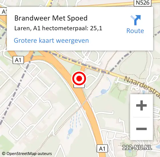 Locatie op kaart van de 112 melding: Brandweer Met Spoed Naar Laren, A1 hectometerpaal: 25,1 op 16 juni 2023 13:31