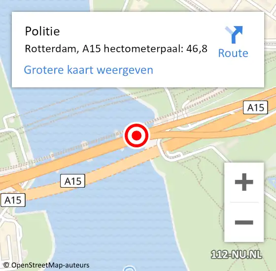 Locatie op kaart van de 112 melding: Politie Rotterdam, A15 hectometerpaal: 46,8 op 16 juni 2023 13:35