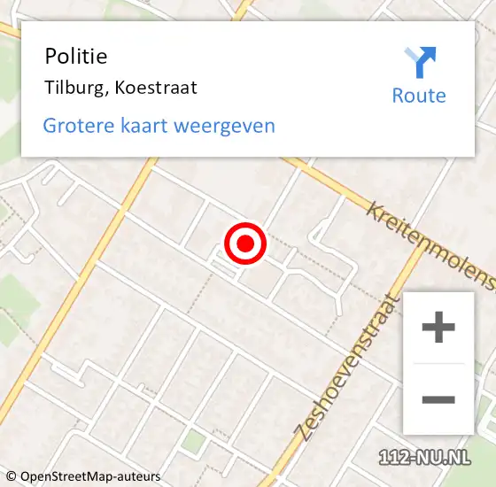 Locatie op kaart van de 112 melding: Politie Tilburg, Koestraat op 16 juni 2023 14:01