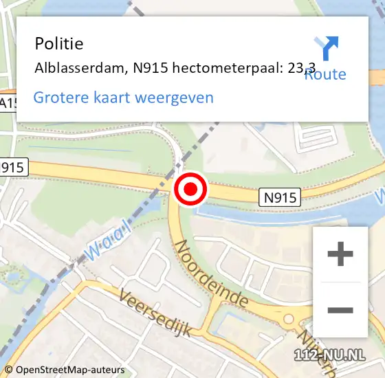 Locatie op kaart van de 112 melding: Politie Alblasserdam, N915 hectometerpaal: 23,3 op 16 juni 2023 15:34