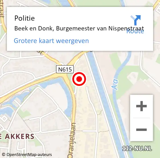 Locatie op kaart van de 112 melding: Politie Beek en Donk, Burgemeester van Nispenstraat op 16 juni 2023 16:21
