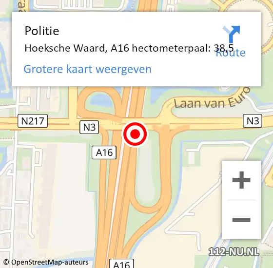 Locatie op kaart van de 112 melding: Politie Hoeksche Waard, A16 hectometerpaal: 38,5 op 16 juni 2023 16:44