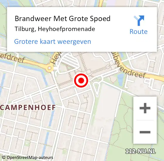 Locatie op kaart van de 112 melding: Brandweer Met Grote Spoed Naar Tilburg, Heyhoefpromenade op 16 juni 2023 17:14