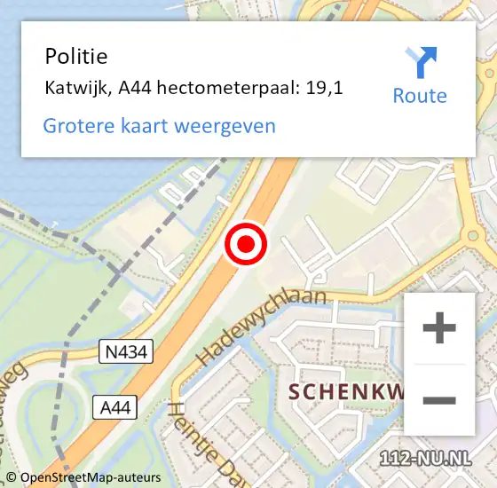 Locatie op kaart van de 112 melding: Politie Katwijk, A44 hectometerpaal: 19,1 op 16 juni 2023 18:00